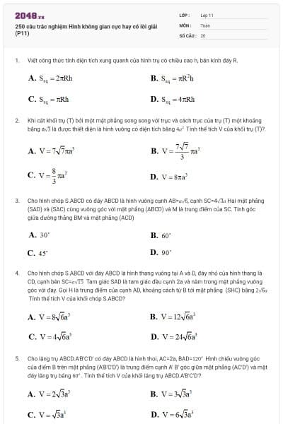 250 câu trắc nghiệm Hình không gian cực hay có lời giải (P11)