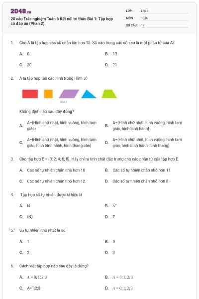 20 câu Trắc nghiệm Toán 6 Kết nối tri thức Bài 1: Tập hợp có đáp án (Phần 2)