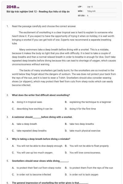 Bài tập trắc nghiệm Unit 12 - Reading đọc hiểu có đáp án