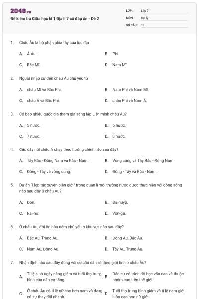 Đề kiểm tra Giữa học kì 1 Địa lí 7 có đáp án - Đề 2