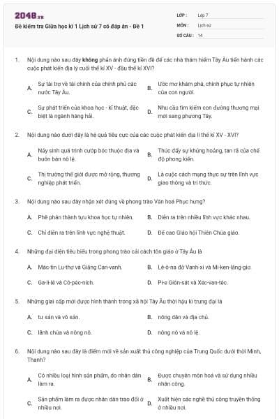 Đề kiểm tra Giữa học kì 1 Lịch sử 7 có đáp án - Đề 1