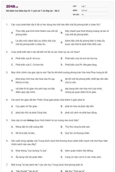 Đề kiểm tra Giữa học kì 1 Lịch sử 7 có đáp án - Đề 2