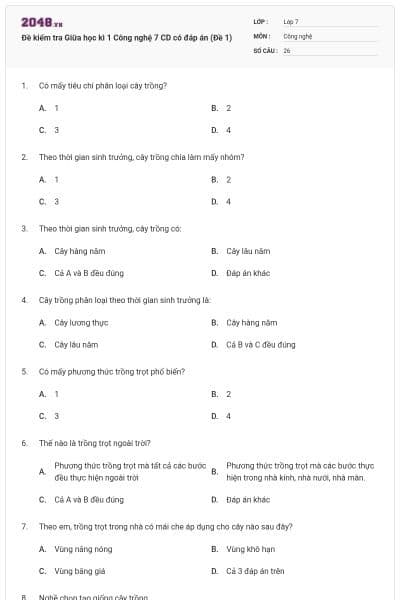 Đề kiểm tra Giữa học kì 1 Công nghệ 7 CD có đáp án (Đề 1)