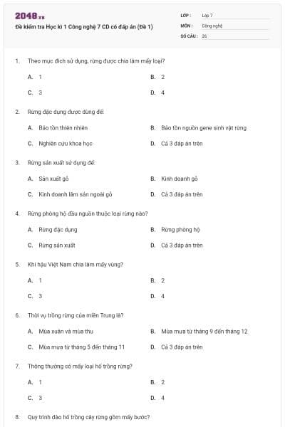 Đề kiểm tra Học kì 1 Công nghệ 7 CD có đáp án (Đề 1)
