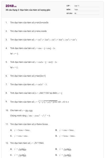 38 câu Dạng 2: Đạo hàm của hàm số lượng giác