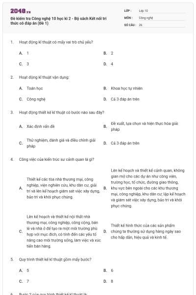 Đề kiểm tra Công nghệ 10 học kì 2 - Bộ sách Kết nối tri thức có đáp án (Đề 1)