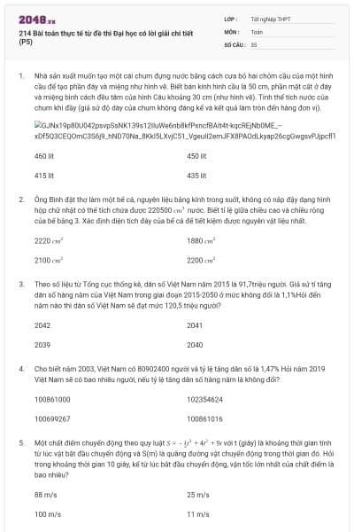 214 Bài toán thực tế từ đề thi Đại học có lời giải chi tiết (P5)