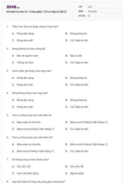 Đề kiểm tra Học kì 1 Công nghệ 7 CD có đáp án (Đề 2)