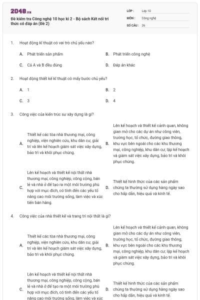Đề kiểm tra Công nghệ 10 học kì 2 - Bộ sách Kết nối tri thức có đáp án (Đề 2)