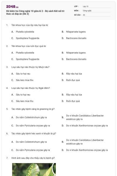 Đề kiểm tra Công nghệ 10 giữa kì 2 - Bộ sách Kết nối tri thức có đáp án (Đề 3)