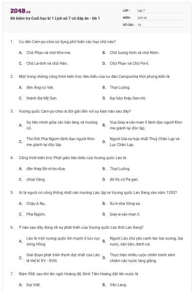 Đề kiểm tra Cuối học kì 1 Lịch sử 7 có đáp án - Đề 1