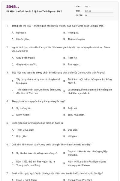Đề kiểm tra Cuối học kì 1 Lịch sử 7 có đáp án - Đề 2