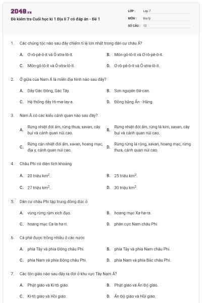 Đề kiểm tra Cuối học kì 1 Địa lí 7 có đáp án - Đề 1