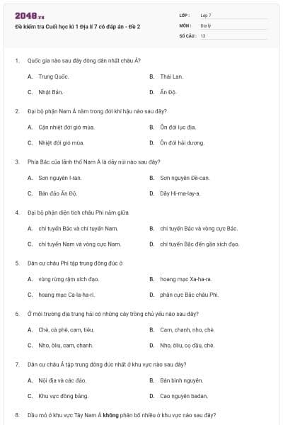 Đề kiểm tra Cuối học kì 1 Địa lí 7 có đáp án - Đề 2
