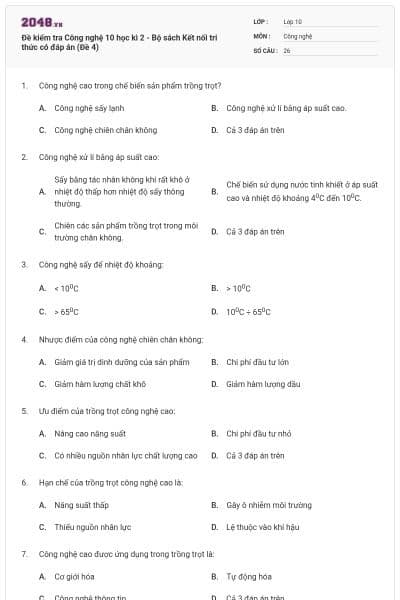 Đề kiểm tra Công nghệ 10 học kì 2 - Bộ sách Kết nối tri thức có đáp án (Đề 4)