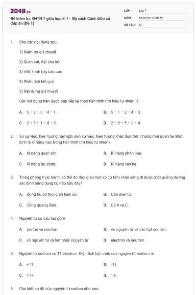 Đề kiểm tra KHTN 7 giữa học kì 1 - Bộ sách Cánh diều có đáp án (Đề 1)