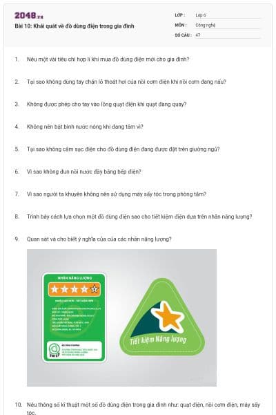 Bài 10: Khái quát về đồ dùng điện trong gia đình