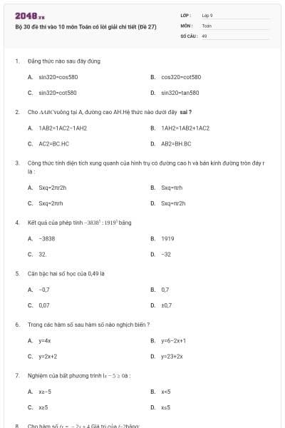 Bộ 30 đề thi vào 10 môn Toán có lời giải chi tiết (Đề 27)