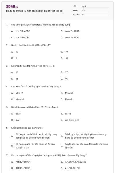Bộ 30 đề thi vào 10 môn Toán có lời giải chi tiết (Đề 28)