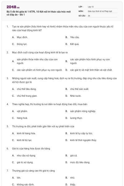 Bộ 5 đề thi giữa kì 1 KTPL 10 Kết nối tri thức cấu trúc mới có đáp án - Đề 1