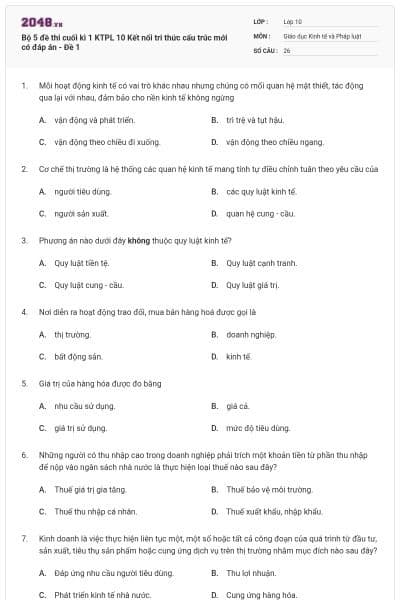 Bộ 5 đề thi cuối kì 1 KTPL 10 Kết nối tri thức cấu trúc mới có đáp án - Đề 1