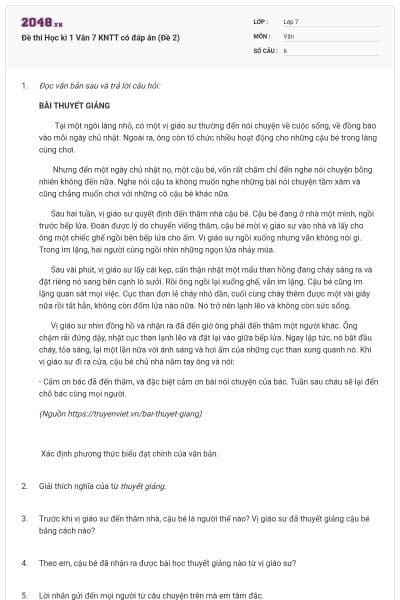 Đề thi Học kì 1 Văn 7 KNTT có đáp án (Đề 2)