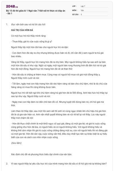 Bộ 15 đề thi giữa kì 1 Ngữ văn 7 Kết nối tri thức có đáp án - Đề 1