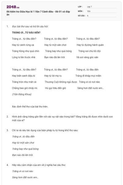 Đề kiểm tra Giữa Học kì 1 Văn 7 Cánh diều - Đề 01 có đáp án