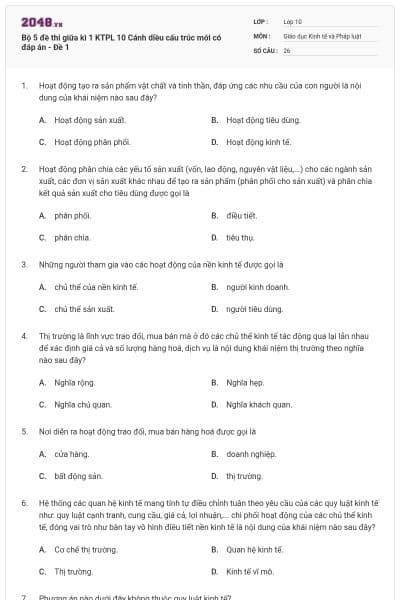 Bộ 5 đề thi giữa kì 1 KTPL 10 Cánh diều cấu trúc mới có đáp án - Đề 1