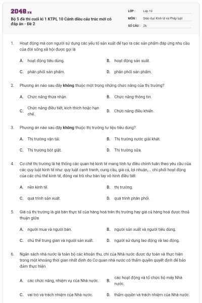 Bộ 5 đề thi cuối kì 1 KTPL 10 Cánh diều cấu trúc mới có đáp án - Đề 2