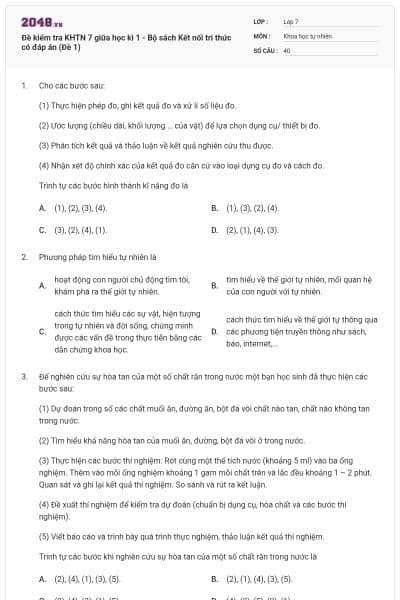 Đề kiểm tra KHTN 7 giữa học kì 1 - Bộ sách Kết nối tri thức có đáp án (Đề 1)
