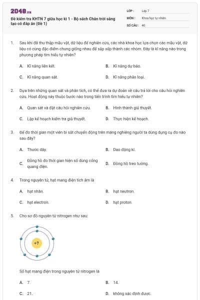Đề kiểm tra KHTN 7 giữa học kì 1 - Bộ sách Chân trời sáng tạo có đáp án (Đề 1)