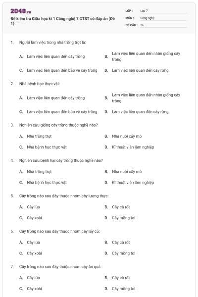 Đề kiểm tra Giữa học kì 1 Công nghệ 7 CTST có đáp án (Đề 1)
