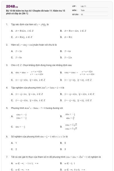 Bộ 10 Đề kiểm tra học kì I Chuyên đề toán 11: Kiểm tra 15 phút có đáp án (Đề 1)