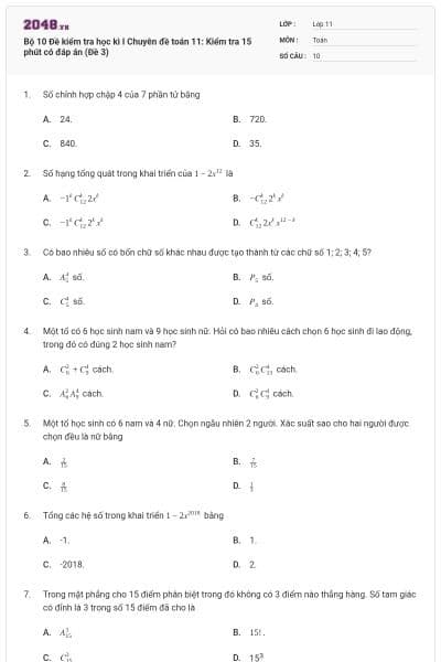 Bộ 10 Đề kiểm tra học kì I Chuyên đề toán 11: Kiểm tra 15 phút có đáp án (Đề 3)