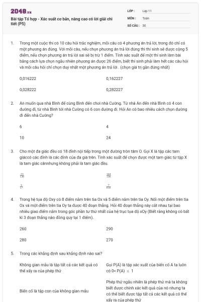 Bài tập Tổ hợp - Xác suất cơ bản, nâng cao có lời giải chi tiết (P5)