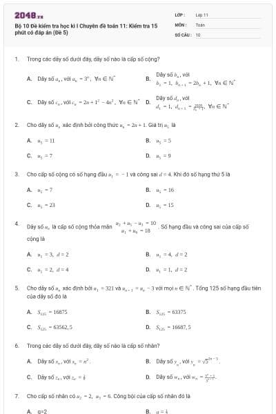 Bộ 10 Đề kiểm tra học kì I Chuyên đề toán 11: Kiểm tra 15 phút có đáp án (Đề 5)