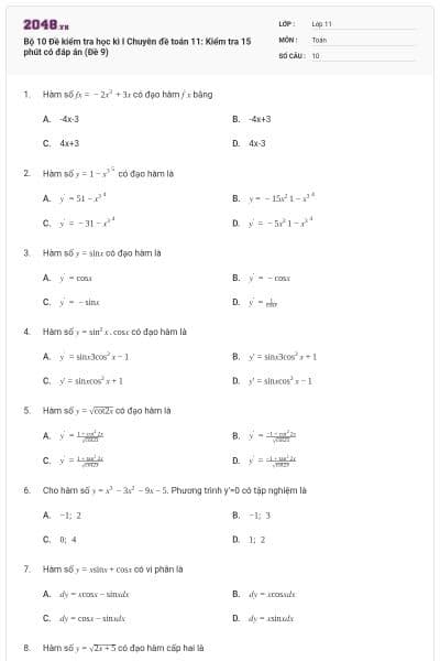 Bộ 10 Đề kiểm tra học kì I Chuyên đề toán 11: Kiểm tra 15 phút có đáp án (Đề 9)