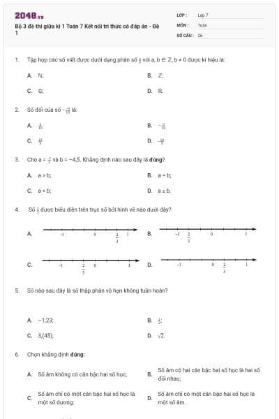 Bộ 3 đề thi giữa kì 1 Toán 7 Kết nối tri thức có đáp án - Đề 1