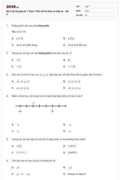 Bộ 3 đề thi giữa kì 1 Toán 7 Kết nối tri thức có đáp án - Đề 2