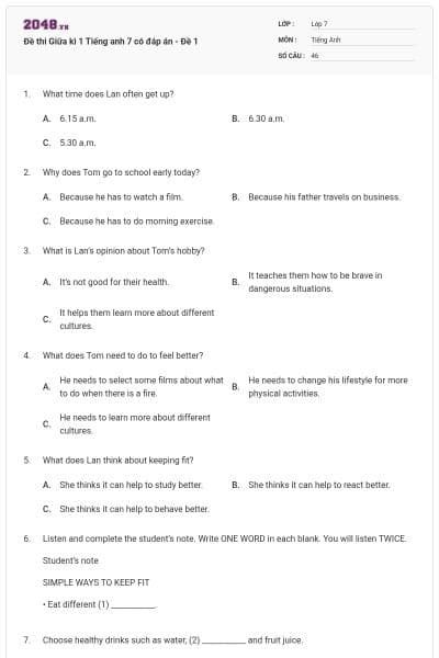 Đề thi Giữa kì 1 Tiếng anh 7 có đáp án - Đề 1