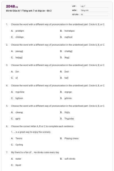 Đề thi Giữa kì 1 Tiếng anh 7 có đáp án - Đề 2