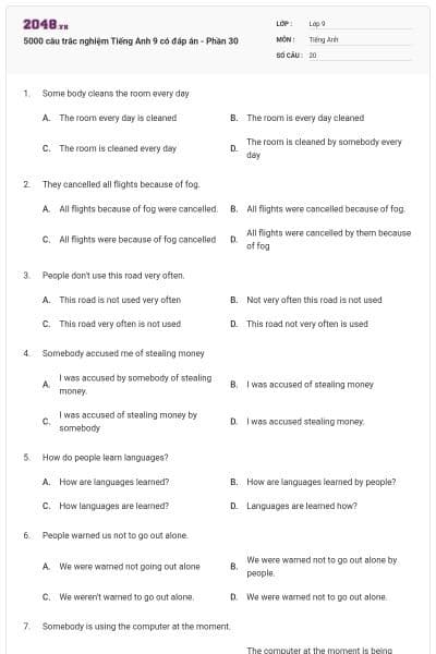 5000 câu trắc nghiệm Tiếng Anh 9 có đáp án - Phần 30