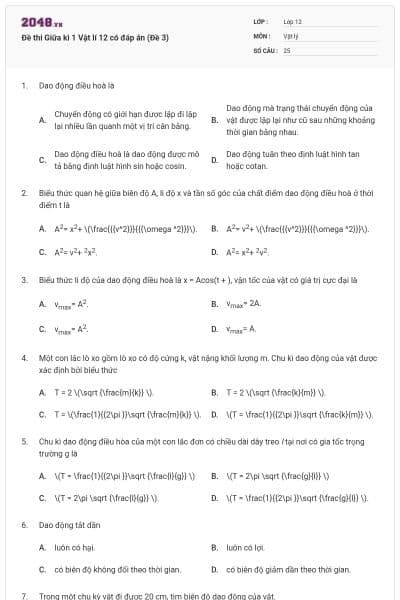 Đề thi Giữa kì 1 Vật lí 12 có đáp án (Đề 3)