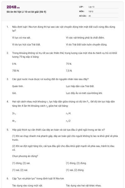 Đề ôn thi Vật Lí 10 có lời giải (Đề 9)