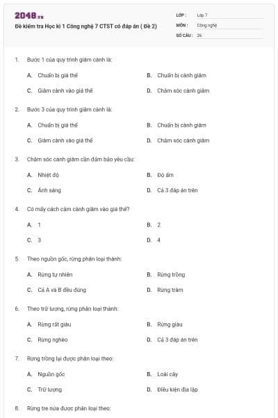 Đề kiểm tra Học kì 1 Công nghệ 7 CTST có đáp án ( Đề 2)