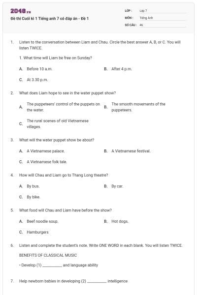 Đề thi Cuối kì 1 Tiếng anh 7 có đáp án - Đề 1