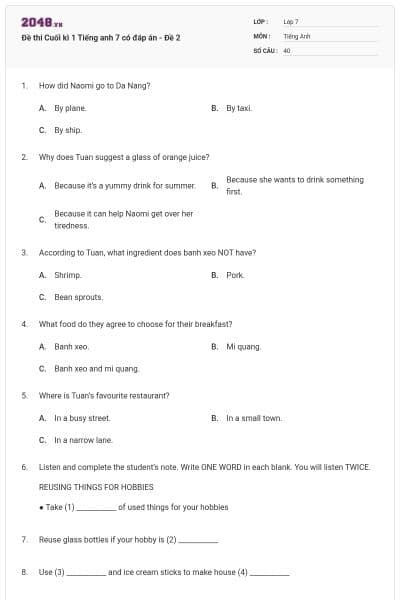 Đề thi Cuối kì 1 Tiếng anh 7 có đáp án - Đề 2