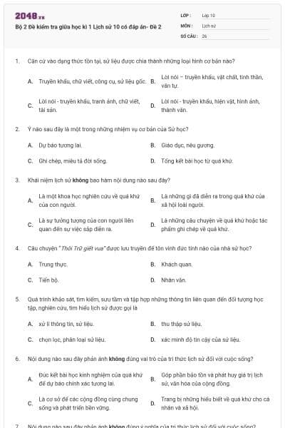 Bộ 2 Đề kiểm tra giữa học kì 1 Lịch sử 10 có đáp án- Đề 2