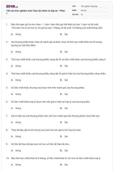 100 câu trắc nghiệm môn Toán tài chính có đáp án - Phần 1
